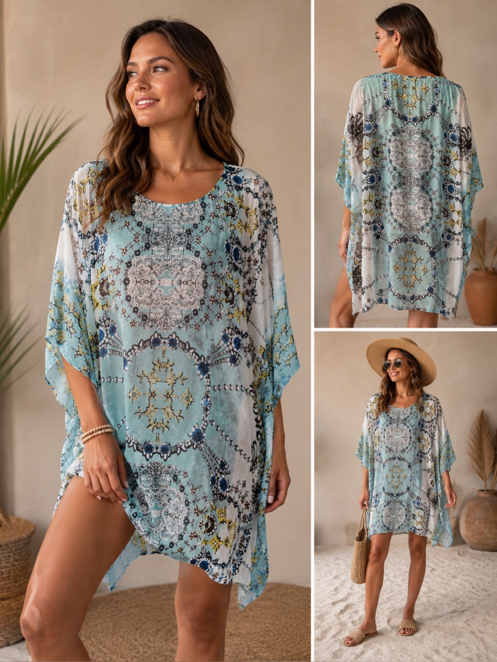 Charlie Paige Boho Kimono Tunic Cover-Up One Size Aqua Blue Medallion Print